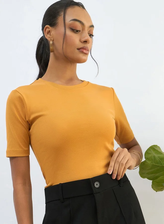 SASSAFRAS Mustard Yellow Slim Fit T-Shirt for Women