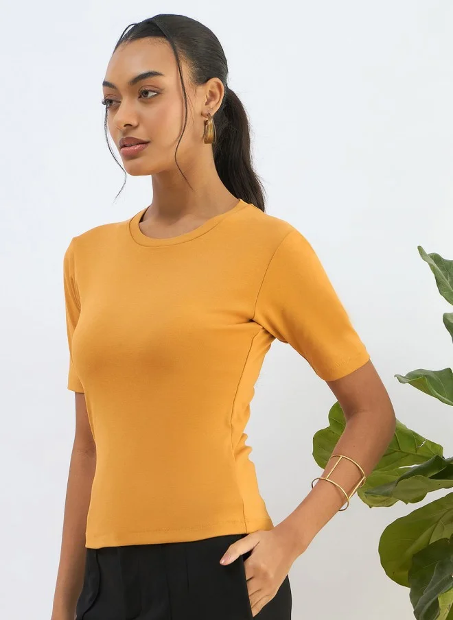 SASSAFRAS Mustard Yellow Slim Fit T-Shirt for Women