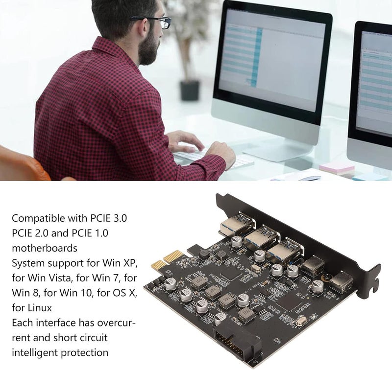 بطاقة توسعة Acouto من PCIE إلى USB بسرعة 5 جيجابت في الثانية مع منافذ USB 3.0 تتضمن 3 منافذ A، و2 منفذ C، و19 دبوس، متوافقة مع OS X واللوحات الأم. - Image 3