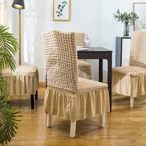 Qubjus Chair Covers for Dining Room Set of 4 Stretch Chair Slipcovers with Skirt Removable Washable Kitchen Chair Protector Cover Set for Home, Party, Wedding(Beige, 4pcs) - Image 5