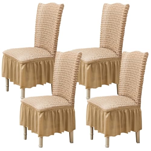 Qubjus Chair Covers for Dining Room Set of 4 Stretch Chair Slipcovers with Skirt Removable Washable Kitchen Chair Protector Cover Set for Home, Party, Wedding(Beige, 4pcs) - Image 1