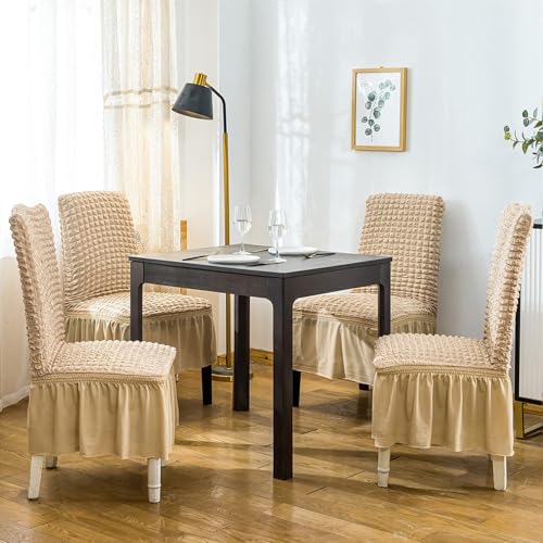 Qubjus Chair Covers for Dining Room Set of 4 Stretch Chair Slipcovers with Skirt Removable Washable Kitchen Chair Protector Cover Set for Home, Party, Wedding(Beige, 4pcs) - Image 2
