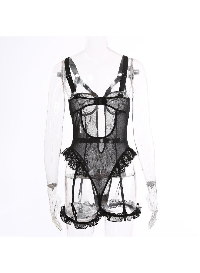 Lace Corset Lingerie Set with Leg Cuffs -  Bodysuit with Adjustable Garter Straps - Image 2