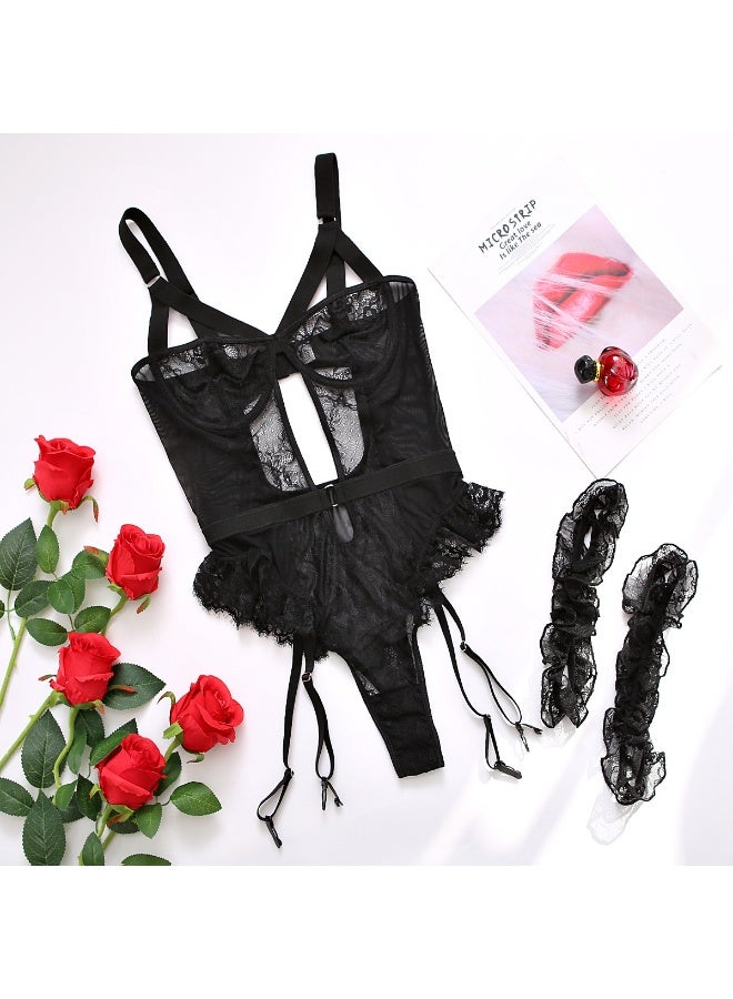 Lace Corset Lingerie Set with Leg Cuffs -  Bodysuit with Adjustable Garter Straps - Image 3