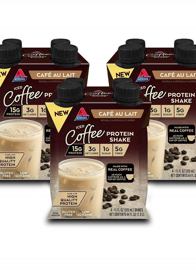 Atkins Café au Lait Iced Coffee Protein Shake, 15g Protein, Low Glycemic, 3g Net Carb, 1g Sugar, Keto Friendly, 11 Fl.Oz, 4 Count (Pack of 3) - Image 1