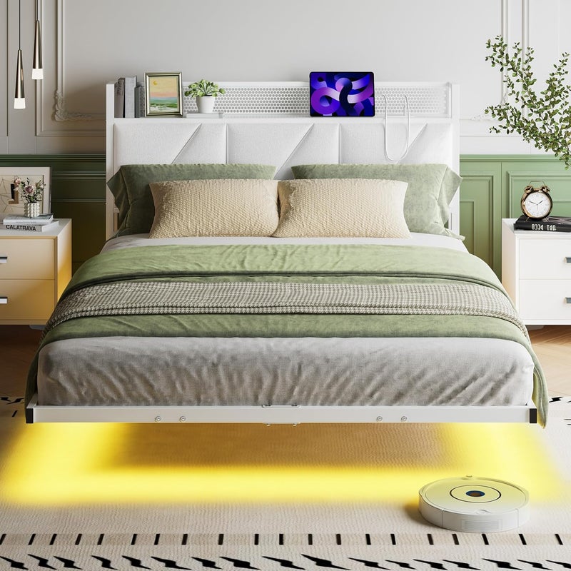 إطار سرير مزدوج عائم مع أضواء LED ومحطة شحن USB، إطار سرير مزدوج معدني منصة مقاس 135x190 سم مع لوح رأس مخملي تخزين أبيض مقاس 4 أقدام و6 بوصات، شرائح معدنية متينة، خالٍ من الضوضاء - Image 1