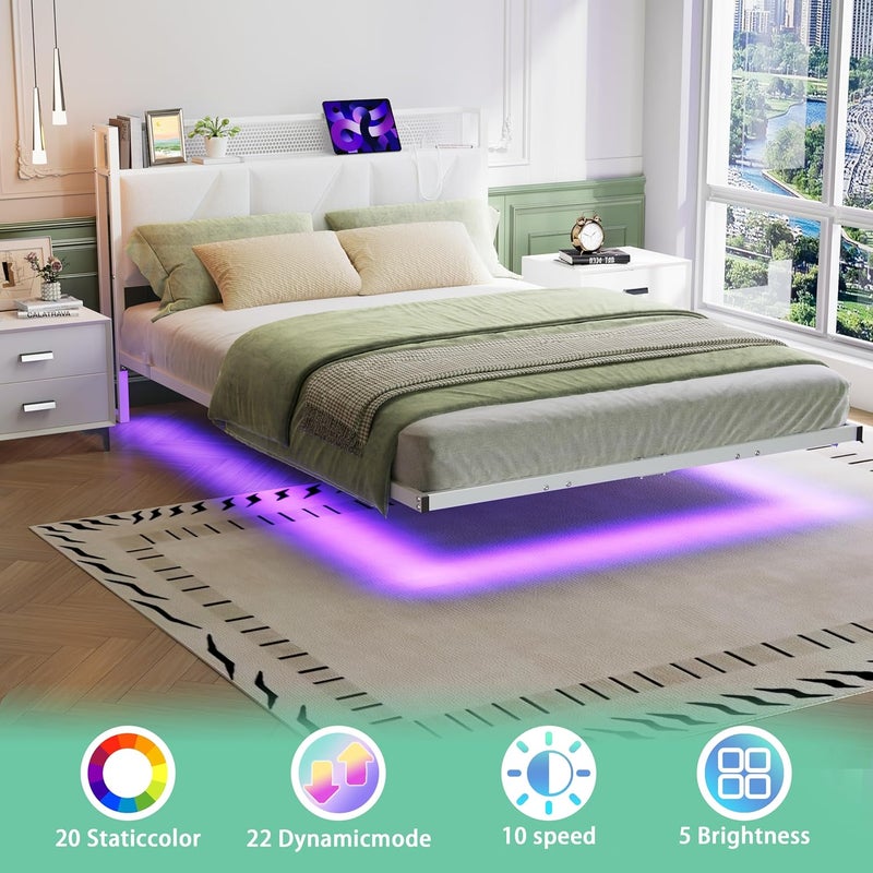 إطار سرير مزدوج عائم مع أضواء LED ومحطة شحن USB، إطار سرير مزدوج معدني منصة مقاس 135x190 سم مع لوح رأس مخملي تخزين أبيض مقاس 4 أقدام و6 بوصات، شرائح معدنية متينة، خالٍ من الضوضاء - Image 4