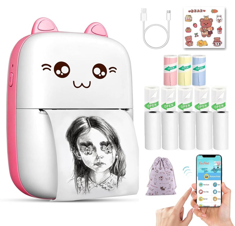 MOROVIK Mini Bluetooth Thermal Printer, Portable Label Printer Inkfree Printer for Android & iOS System, Black on White Thermal Printer with Roll of Print Paper, Stickers, (Style 2) - Image 1