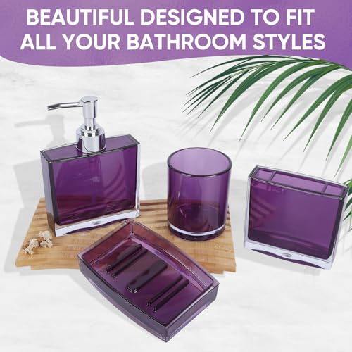 LGURT 4-Piece Classic Purple Acrylic Bathroom Accessory Set — Soap Dispenser, Toothbrush Holder, Soap Dish & Mouthwash Cup, Vanity Countertop Organizer for Purple Bathroom Decor - Image 4