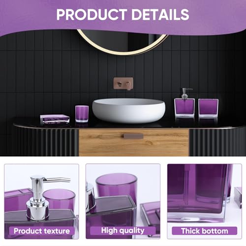 LGURT 4-Piece Classic Purple Acrylic Bathroom Accessory Set — Soap Dispenser, Toothbrush Holder, Soap Dish & Mouthwash Cup, Vanity Countertop Organizer for Purple Bathroom Decor - Image 3