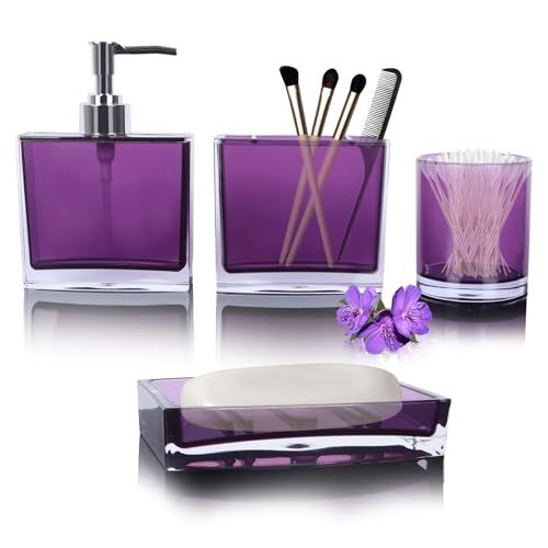 LGURT 4-Piece Classic Purple Acrylic Bathroom Accessory Set — Soap Dispenser, Toothbrush Holder, Soap Dish & Mouthwash Cup, Vanity Countertop Organizer for Purple Bathroom Decor - Image 1