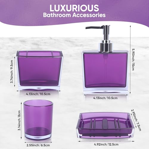 LGURT 4-Piece Classic Purple Acrylic Bathroom Accessory Set — Soap Dispenser, Toothbrush Holder, Soap Dish & Mouthwash Cup, Vanity Countertop Organizer for Purple Bathroom Decor - Image 2