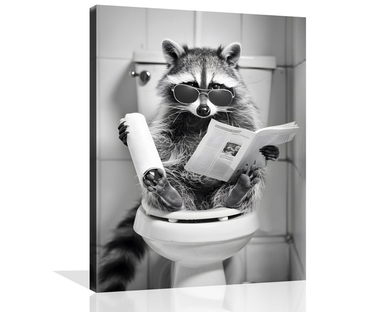 OWNANRTHM Raccoon Bathroom Canvas Wall Art Raccoon on Toilet Painting Funny Animal Bathroom Poster Black and White Animal Toilet Picture for Bath Restroom Framed 8X10 inch - Image 1