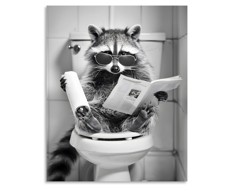 OWNANRTHM Raccoon Bathroom Canvas Wall Art Raccoon on Toilet Painting Funny Animal Bathroom Poster Black and White Animal Toilet Picture for Bath Restroom Framed 8X10 inch - Image 2