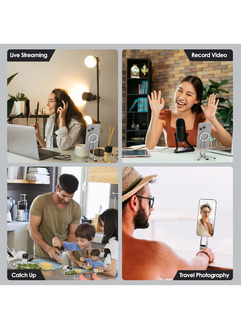 SYOSI Magnetic Phone Tripod Stand for iPhone 12/13/14/15/16, Foldable Portable Stand for Desk or Travel, Compact Pocket Tripod, Selfie Stick Handle Grip, Stable Shots & Hands-Free Use, Silver - Image 4