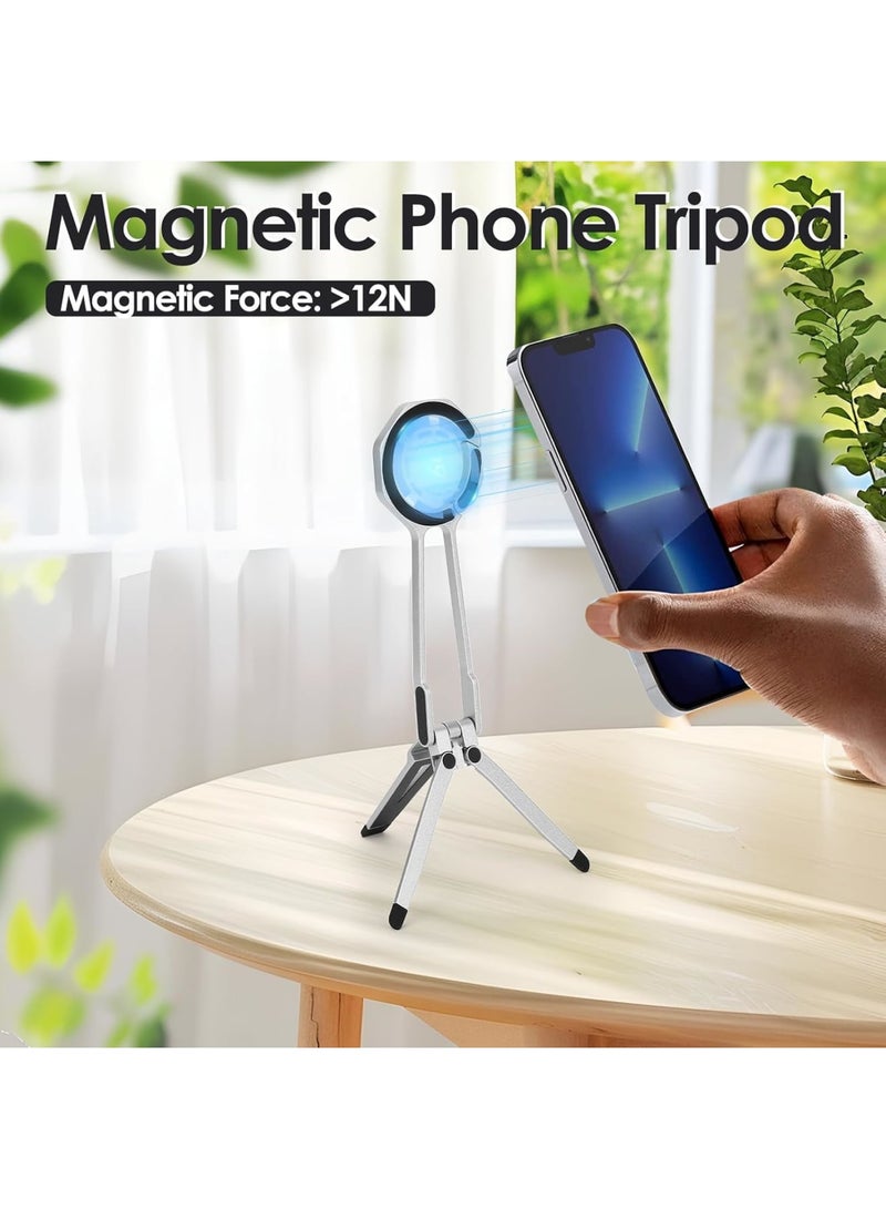 SYOSI Magnetic Phone Tripod Stand for iPhone 12/13/14/15/16, Foldable Portable Stand for Desk or Travel, Compact Pocket Tripod, Selfie Stick Handle Grip, Stable Shots & Hands-Free Use, Silver - Image 2
