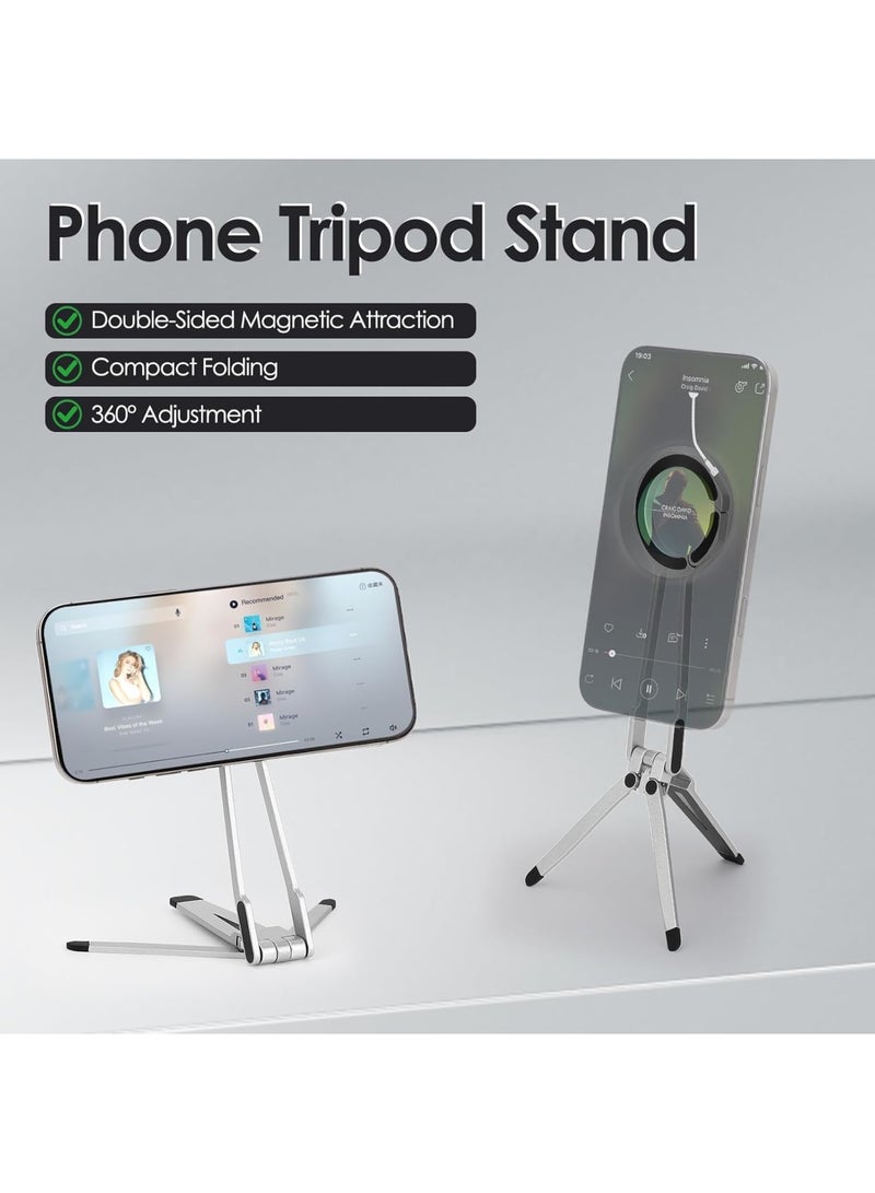SYOSI Magnetic Phone Tripod Stand for iPhone 12/13/14/15/16, Foldable Portable Stand for Desk or Travel, Compact Pocket Tripod, Selfie Stick Handle Grip, Stable Shots & Hands-Free Use, Silver - Image 3