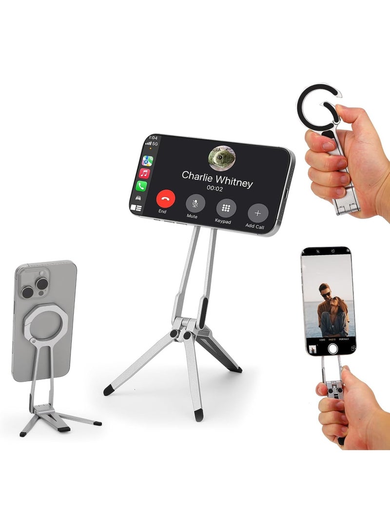 SYOSI Magnetic Phone Tripod Stand for iPhone 12/13/14/15/16, Foldable Portable Stand for Desk or Travel, Compact Pocket Tripod, Selfie Stick Handle Grip, Stable Shots & Hands-Free Use, Silver - Image 1