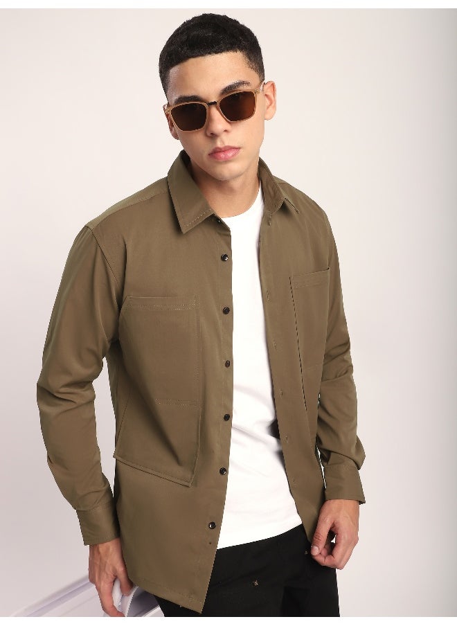 Beyoung Wood Brown Angular Pocket Shirt  - Image 1