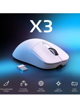 ماوس قيمنق لاسلكي خفيف الوزن X3 مع وضع ثلاثي 2.4 جيجاهرتز/USB-C سلكي/بلوتوث، بدقة تصل إلى 26 ألف نقطة في البوصة، ومستشعر بصري PAW3395، و5 أزرار قابلة للبرمجة لأجهزة الكمبيوتر الشخصية/الكمبيوتر المحمول/ويندوز/ماك - view 2