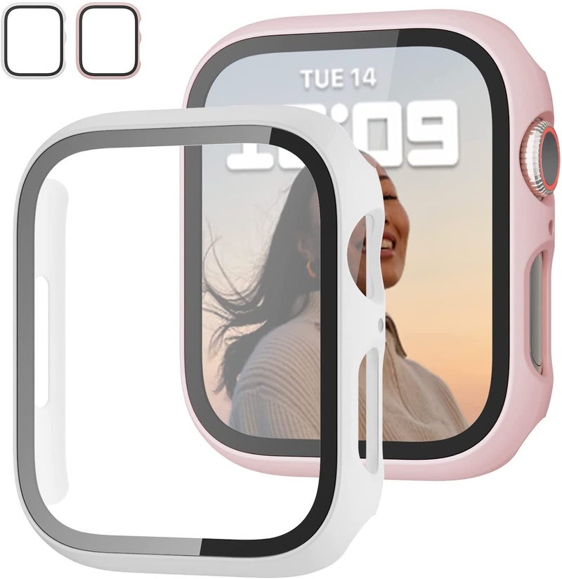 AWH Apple Watch Series 7 41/45mm 2 Pack Hard PC Case with Tempered Glass Screen Protector, Slim Bumper, Ultra-Thin, Pink + White - Image 1