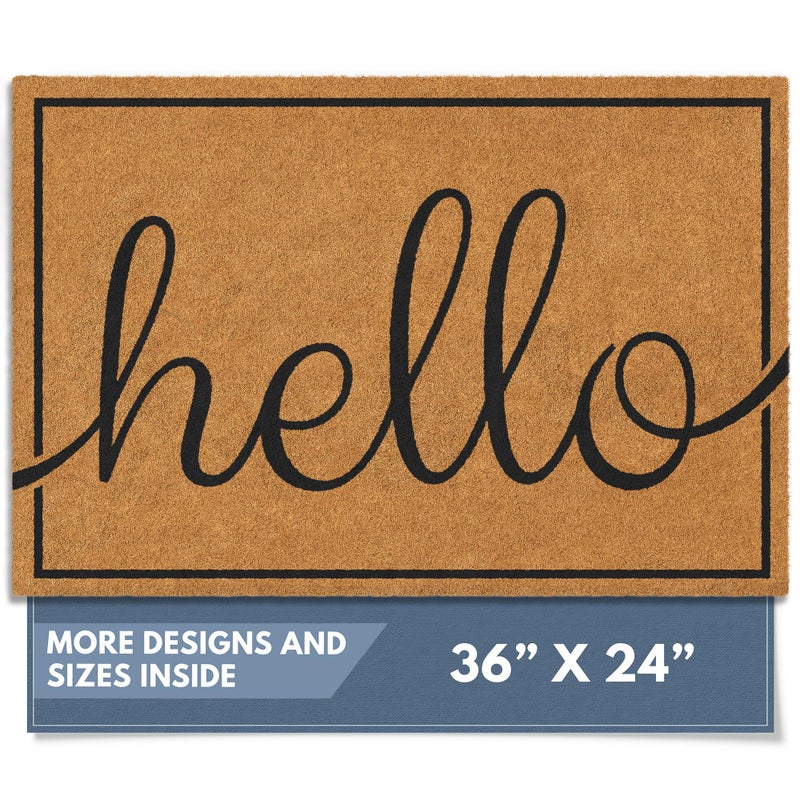 Barnyard Designs Natural Coco Coir Heavy Duty Backing Doormat - Large Cute Non-Slip Front Door Welcome Mat for Outside Entrance or Porch Entry, Brown (24x36, Hello) - Image 1