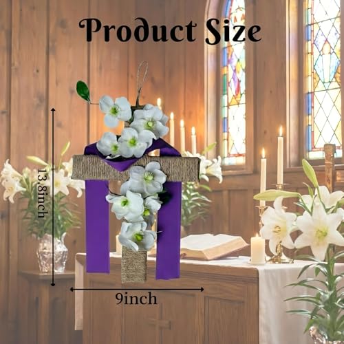 OceanCamel Easter Cross Wreath for Front Door, 14 Inch Rustic Cross with White Lily Flowers and Purple Ribbon, Spring Religious Wall Hanging Decor for Home Porch Church Party Celebration - Image 2
