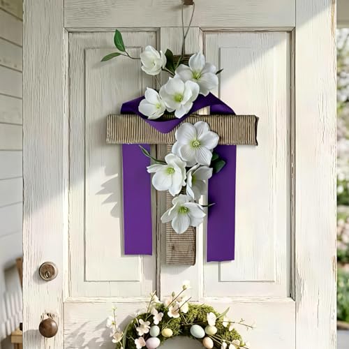OceanCamel Easter Cross Wreath for Front Door, 14 Inch Rustic Cross with White Lily Flowers and Purple Ribbon, Spring Religious Wall Hanging Decor for Home Porch Church Party Celebration - Image 1