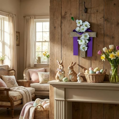 OceanCamel Easter Cross Wreath for Front Door, 14 Inch Rustic Cross with White Lily Flowers and Purple Ribbon, Spring Religious Wall Hanging Decor for Home Porch Church Party Celebration - Image 5
