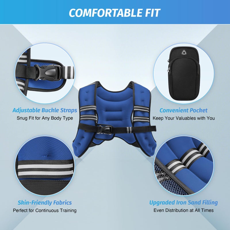 ZELUS Weighted Vest, 6lb/8lb/12lb/16lb/20lb/25lb/30lb Weight Vest with Reflective Stripe for Workout, Strength Training, Running, Fitness, Muscle Building, Weight Loss, Weightlifting, Blue(8 lb) - Image 2