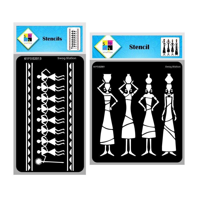 SWAGSTATION Tribal Dance Warli Art Stencil - 6x6 Inches 2 Reusable DIY Stencils for Painting on Canvas and Wall - Craft Stencil - Image 1