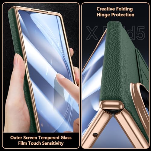 Midkart Leather Cover Compatible with Vivo X Fold 5 Release 2025 Auto-Sliding Hinge Protection Kickstand Electroplated with Front Glass Case & Camera Protection, Green & Gold - Image 3