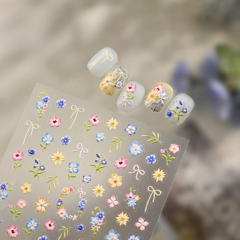 Sevgob Flower Nail Stickers for Nail Art Floral Daisy Nail Decals 5D Embossed Pink Blue Yellow Bow Nail Designs Garland Nails Supplies - Self-Adhesive Summer Nails Stickers for Women DIY Manicure 1 Sheet - Image 4