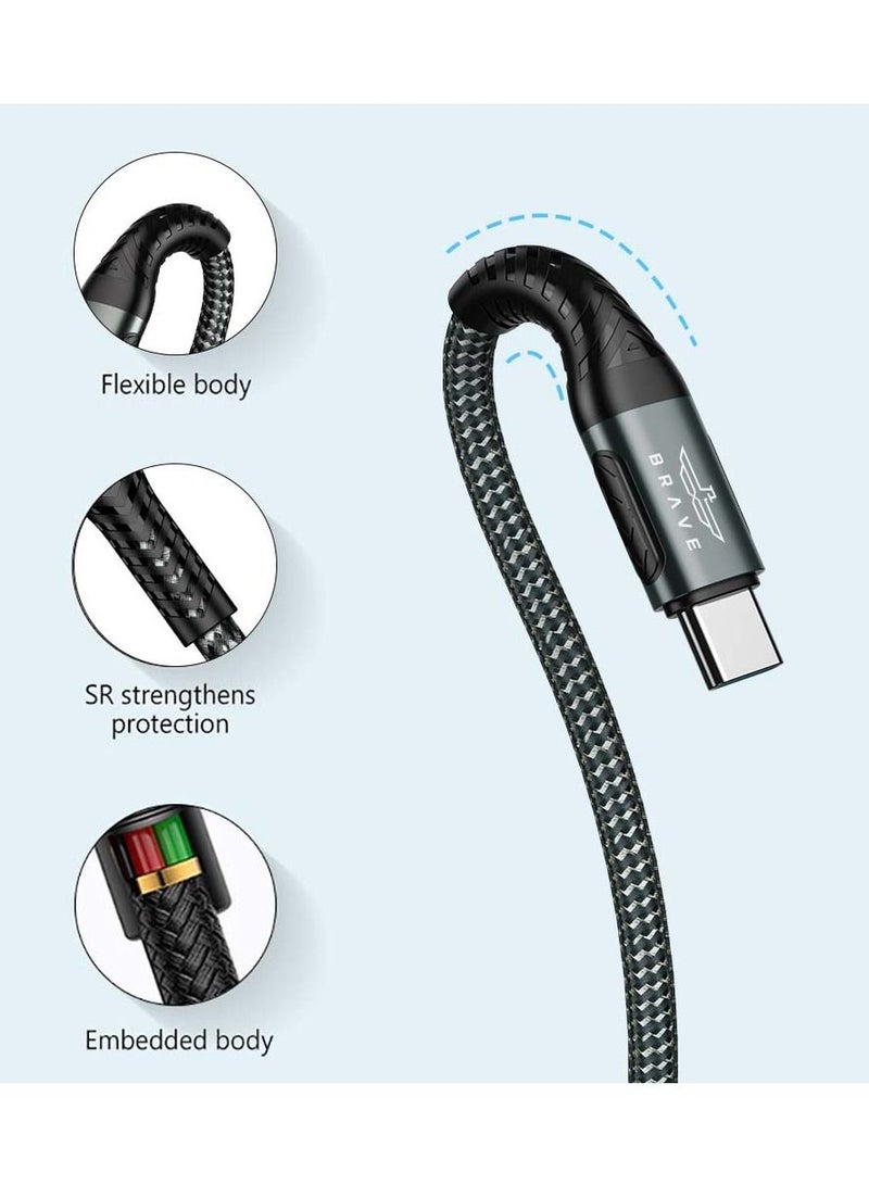 Brave كابل USB BRAVE 66W نوع C إلى C مضفر من النايلون متين للشحن السريع ونقل البيانات (1.2م/4قدم) مصنوع من سبائك الألمنيوم لمتانة طويلة، آمن وموثوق، مرن باللون الأسود - Image 5