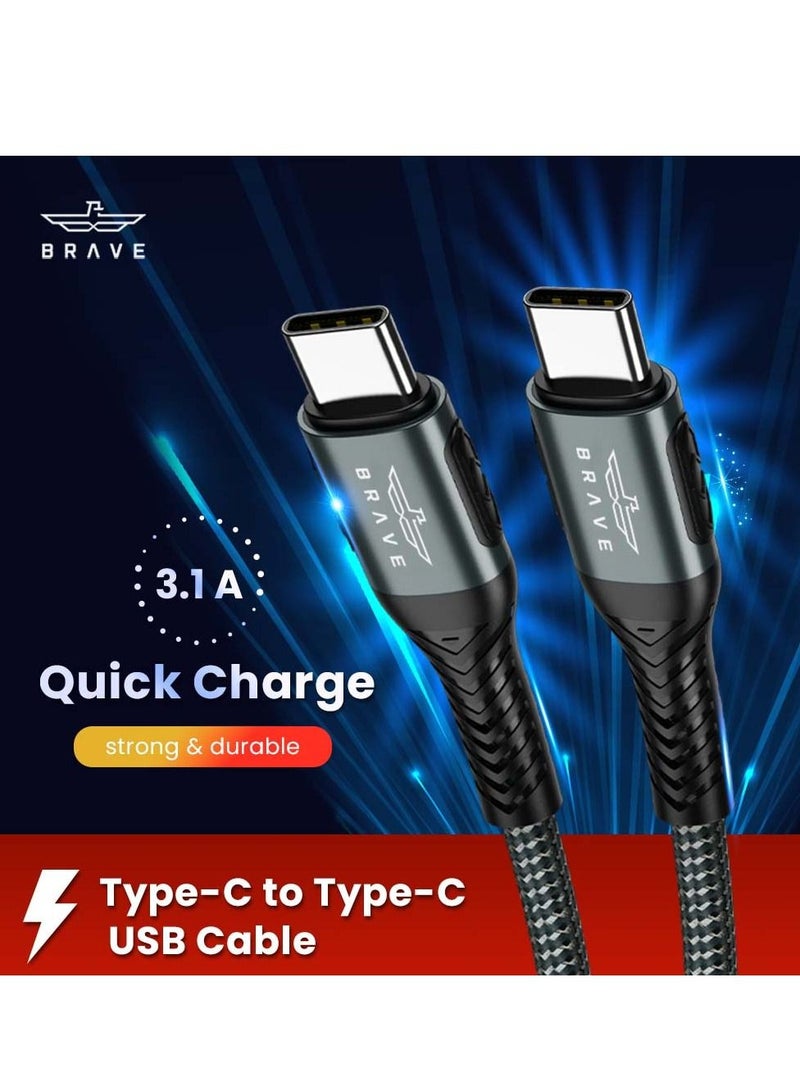 Brave كابل USB BRAVE 66W نوع C إلى C مضفر من النايلون متين للشحن السريع ونقل البيانات (1.2م/4قدم) مصنوع من سبائك الألمنيوم لمتانة طويلة، آمن وموثوق، مرن باللون الأسود - Image 3