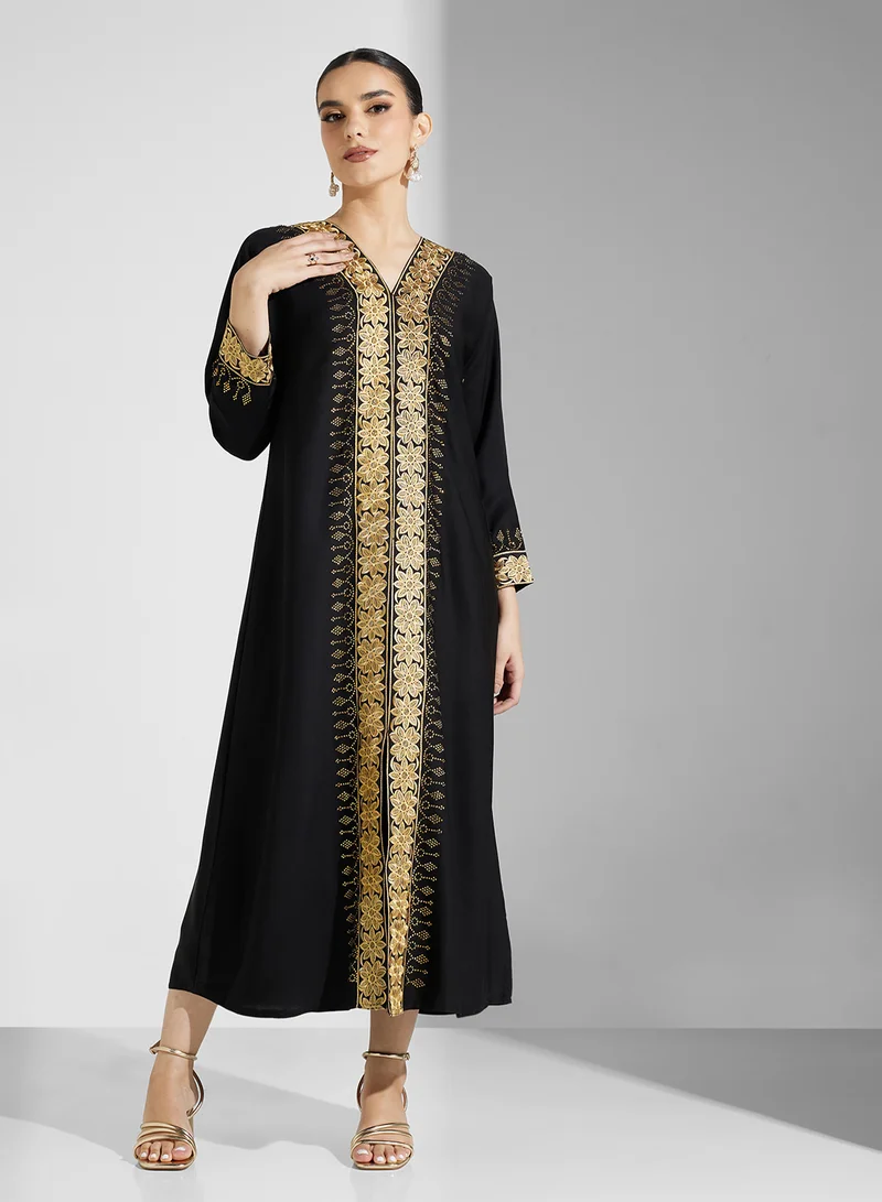 ARABIAN CLOSET Embroidered Open Abaya Wih Belt