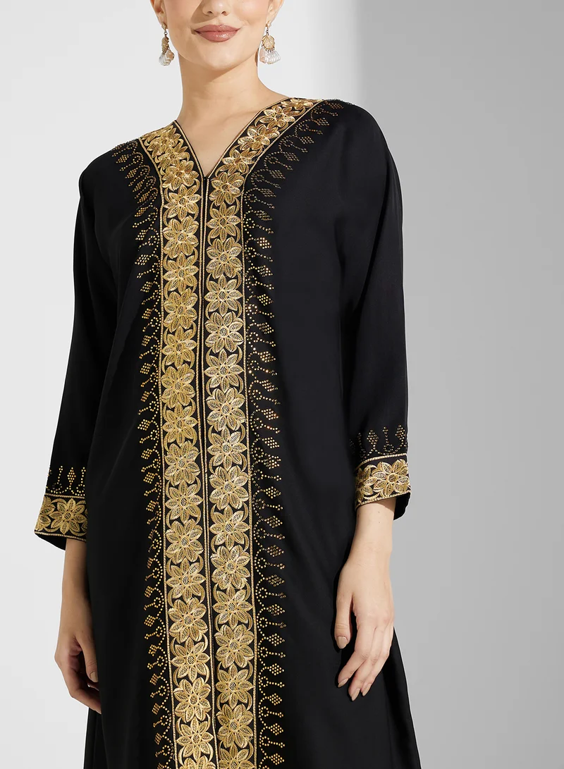 ARABIAN CLOSET Embroidered Open Abaya Wih Belt