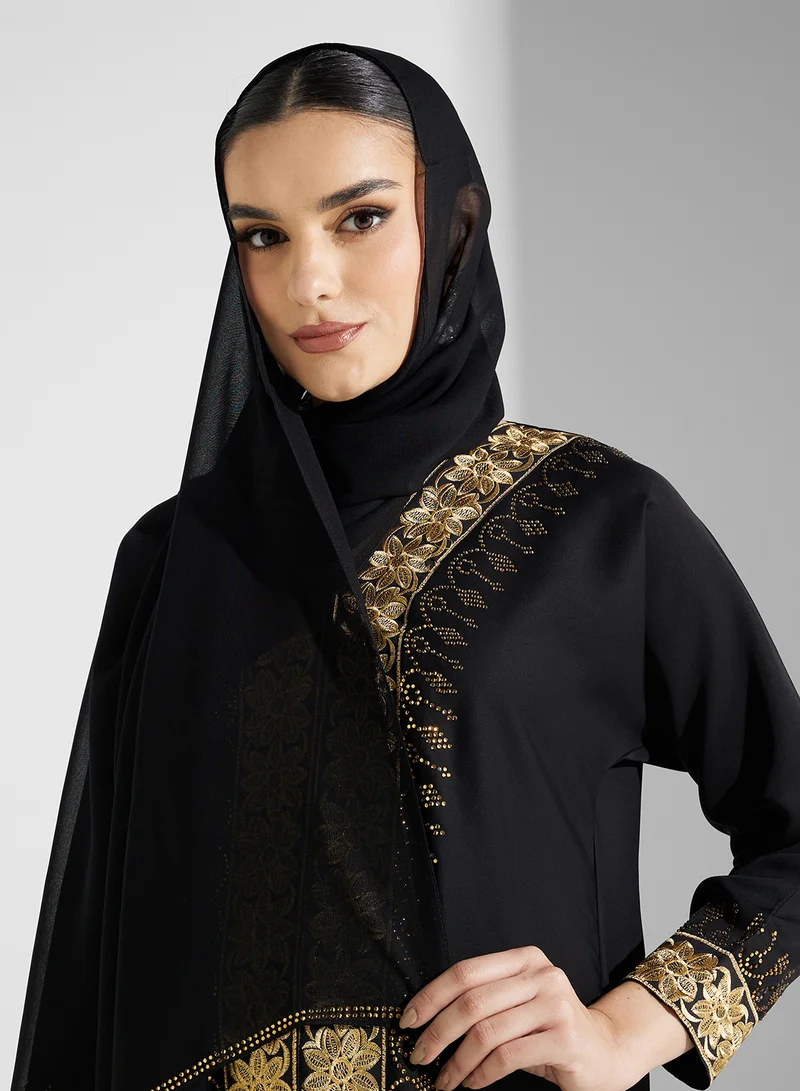 ARABIAN CLOSET Embroidered Open Abaya Wih Belt