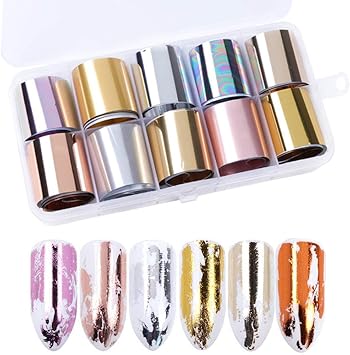 MWOOT 10 Rolls Metallic Color Holographic Nail Foil Transfer Sticker Roll Set Mwoot MixPattern Nail Art Stickers Wraps Decals Starry Sky Manicure KitGold Silver Rose Gold 103inchs3937inchs - Image 1
