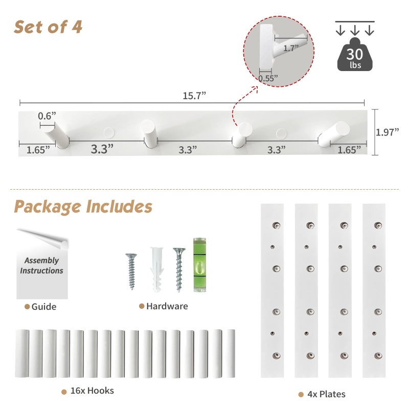 Forbena White Coat Hooks Wall Mount for Hanging 4 Pack, 16 Inch Wood Entryway Coat Rack Wall Mounted Heavy Duty, Modern Large Wall Hooks for Hats Kids Clothes Bags Purses Caps Closet - 16 Hooks - Image 2