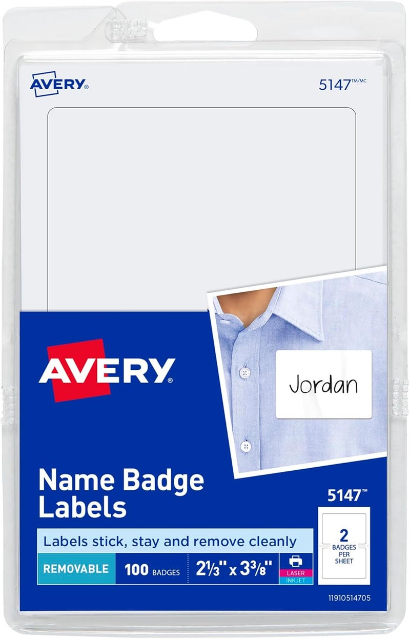 AVERY Customizable Name Tags, 2-1/3" x 3-3/8", White, 100 Removable Name Badges (05147) - Image 1