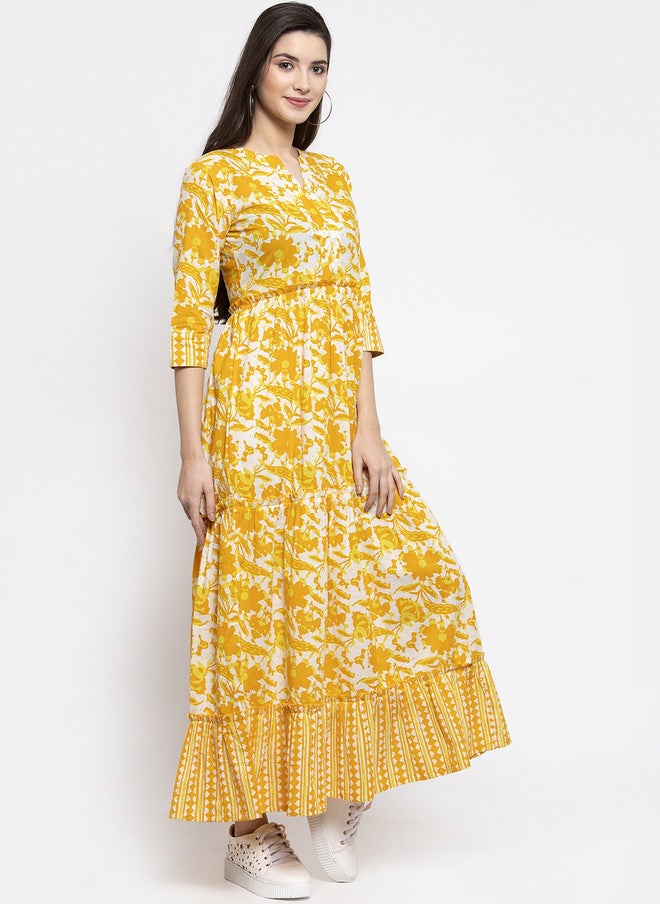 Indibelle Women Yellow & White Printed Maxi Dress - Image 3