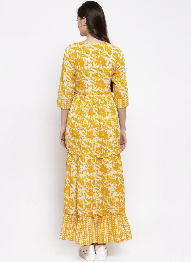 Indibelle Women Yellow & White Printed Maxi Dress - Image 4