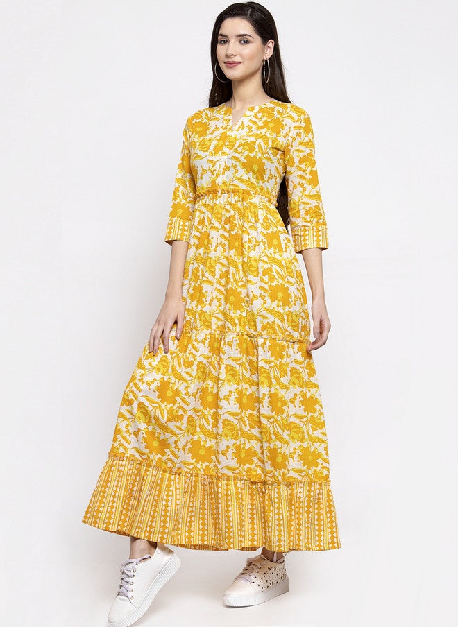 Indibelle Women Yellow & White Printed Maxi Dress - Image 5