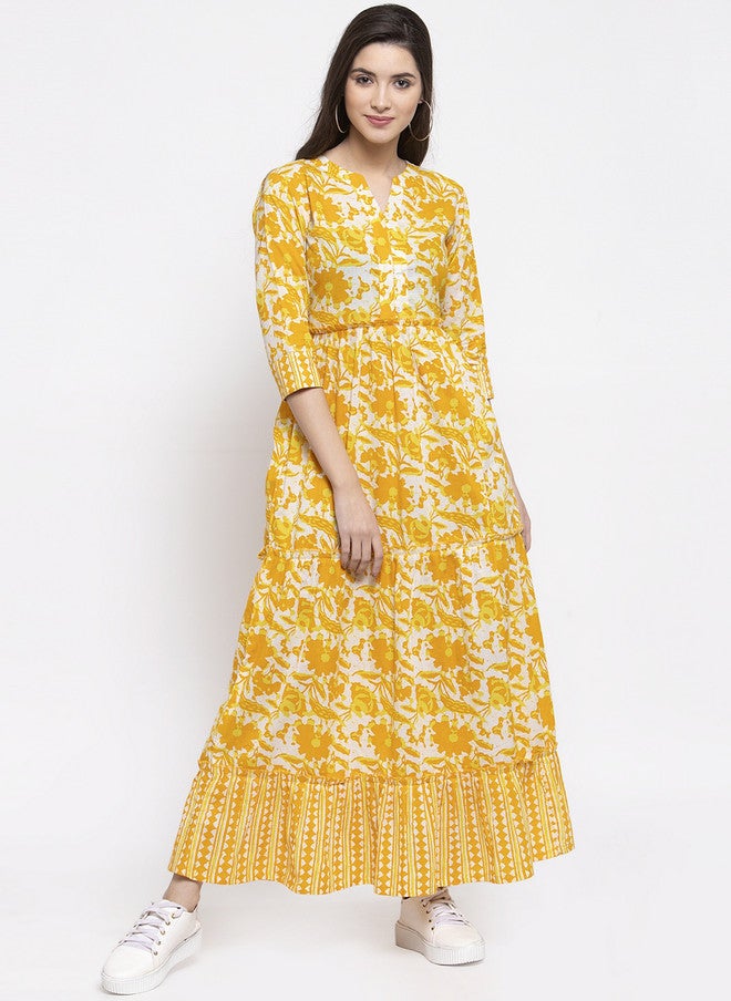 Indibelle Women Yellow & White Printed Maxi Dress - Image 1