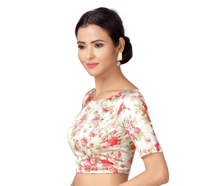 Studio Shringaar Women's Readymade Off White With Pink Rose Printed Saree Blouse With Short Sleeves (Off-White, 38, Polyester) - Image 2