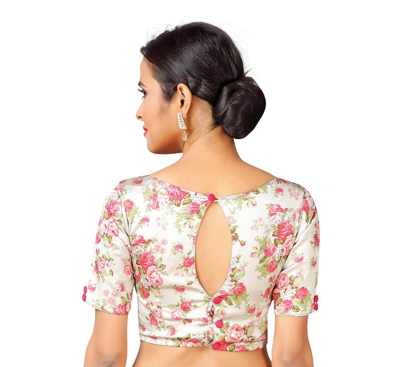 Studio Shringaar Women's Readymade Off White With Pink Rose Printed Saree Blouse With Short Sleeves (Off-White, 38, Polyester) - Image 4