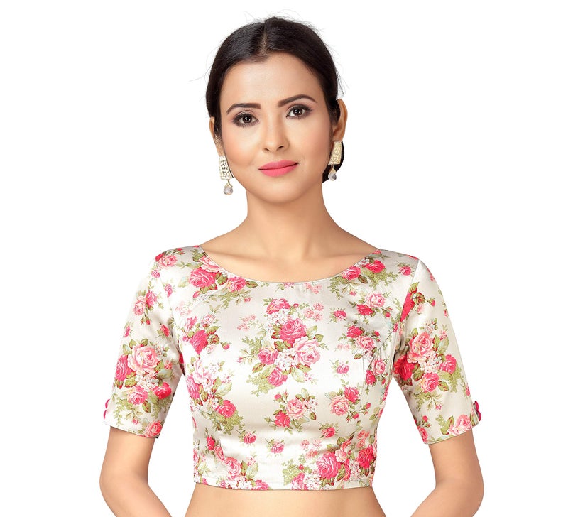 Studio Shringaar Women's Readymade Off White With Pink Rose Printed Saree Blouse With Short Sleeves (Off-White, 38, Polyester) - Image 1