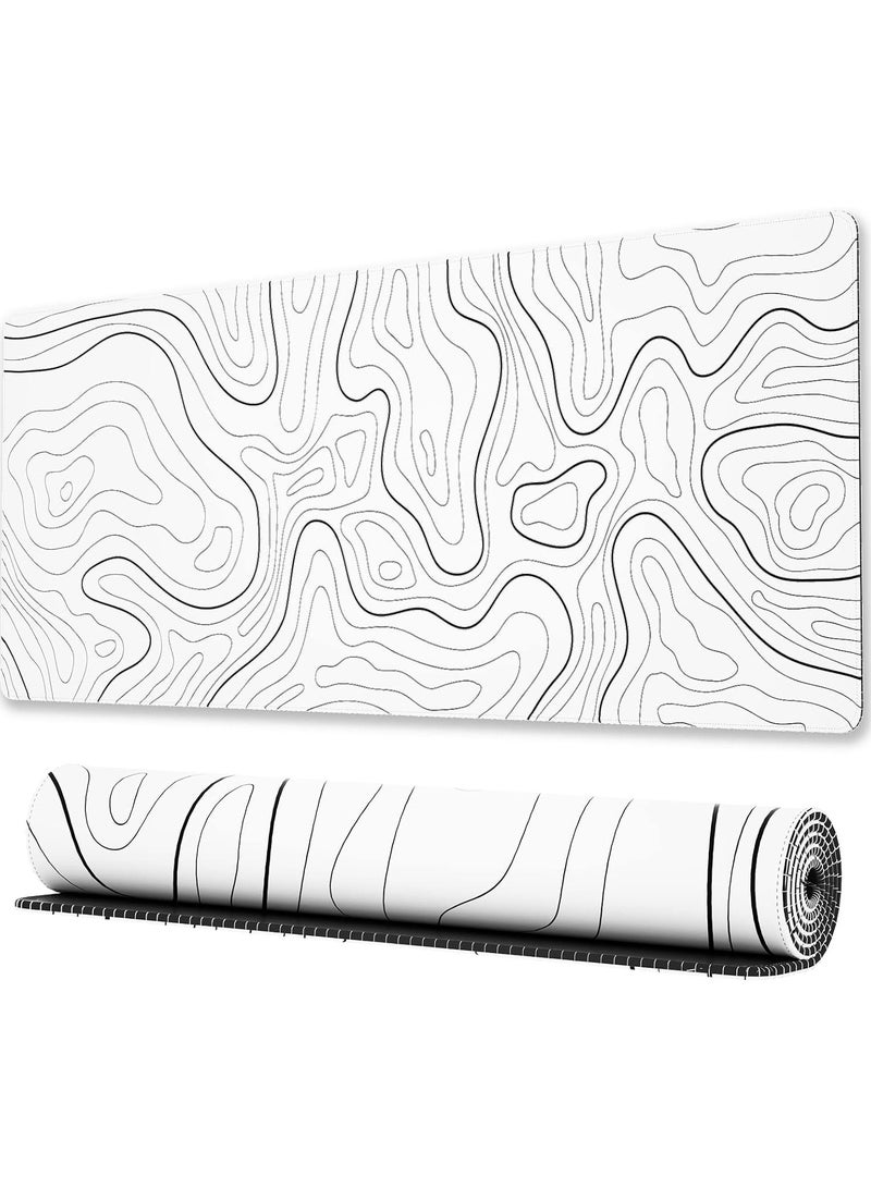 Large Gaming Mouse Pad with Stitched Edges, Minimalist Topographic Map Desk Mat, Extended XL Mousepad with Anti-Slip Base, Cool Desk Pad for Keyboard and Mouse, 31.5 x 11.8 in, White  - Image 1
