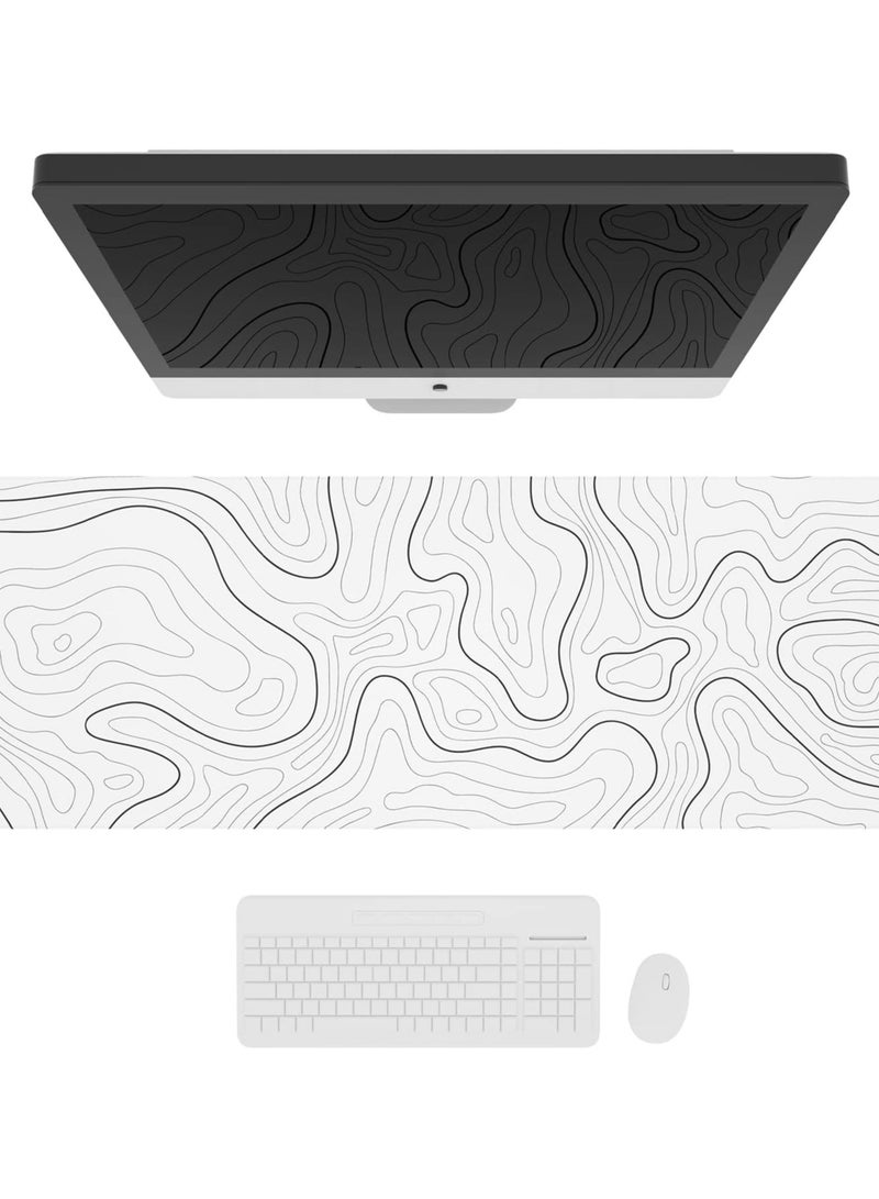 Large Gaming Mouse Pad with Stitched Edges, Minimalist Topographic Map Desk Mat, Extended XL Mousepad with Anti-Slip Base, Cool Desk Pad for Keyboard and Mouse, 31.5 x 11.8 in, White  - Image 2
